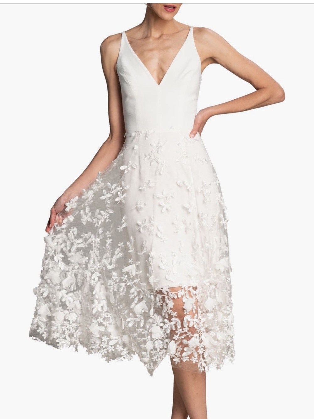 Dress the Population White Floral Appliqué V-neck Midi Cocktail Dress